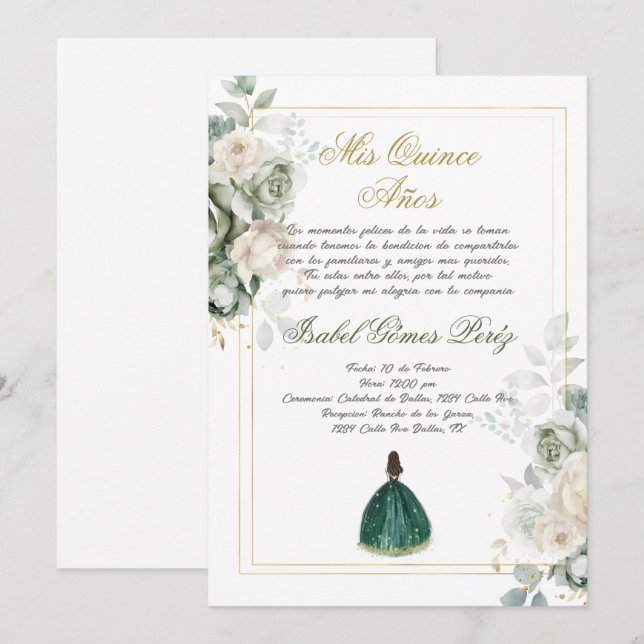 Invitación Quinceanera del español esmeralda (Anverso / Reverso)