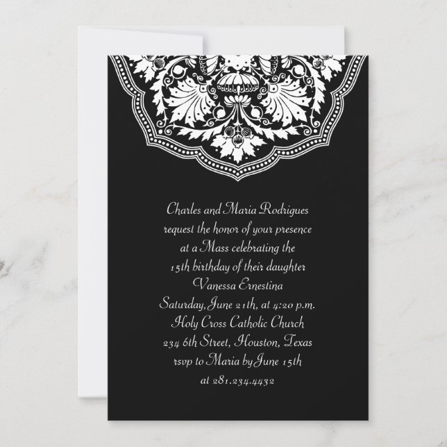 Invitación Quinceañera del patrón blanco y negro (Anverso)