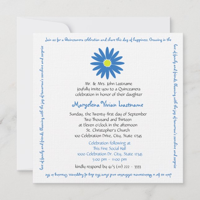 Invitación Quinceanera Delight Daisy Message Text Blue (Anverso)
