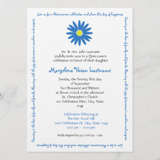 Invitación Quinceanera Delight Daisy Message Text Blue