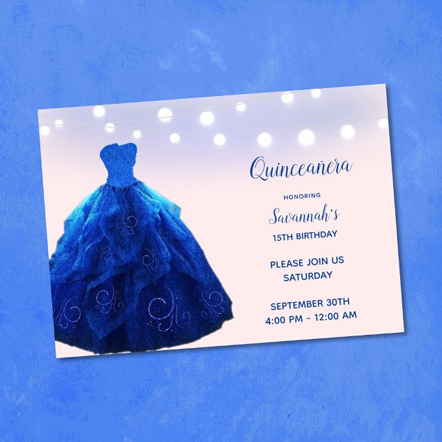 Invitación Quinceanera Denim Blue Rubor String Lights (Subido por el creador)