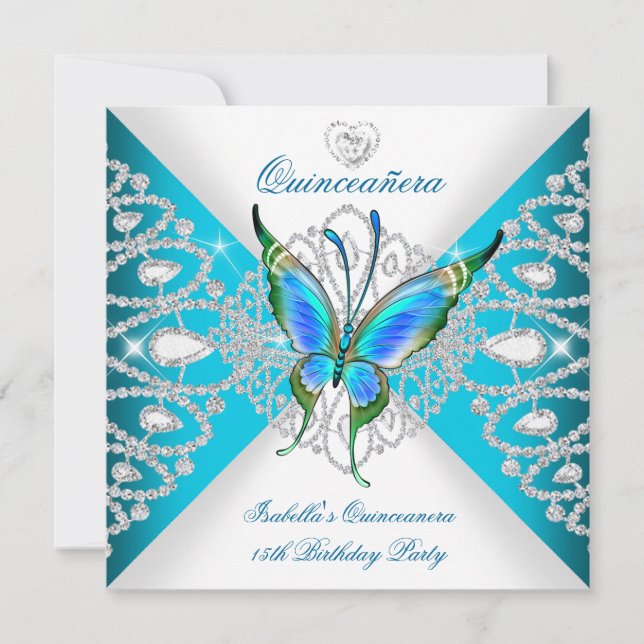 Invitación Quinceañera Diadema Mariposa Azul Turquesa Profund (Anverso)