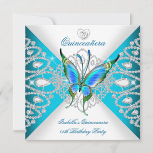 Invitación Quinceañera Diadema Mariposa Azul Turquesa Profund