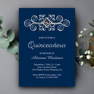 Invitación Quinceañera Diamante Azul Marino con Florecimiento