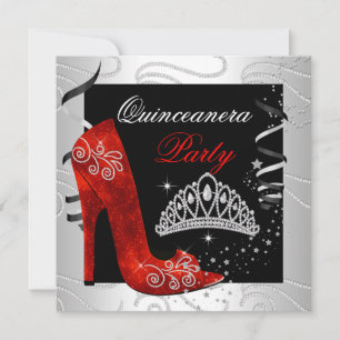 Invitación Quinceañera Diamante Rojo Fiesta Negra y Blanca
