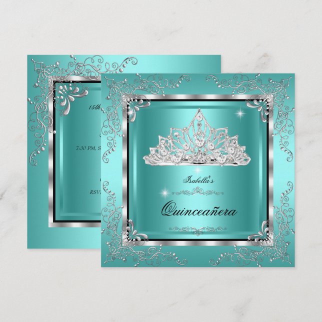 Invitación Quinceanera Diamante Verde azulado Tiara 15º cumpl (Anverso / Reverso)