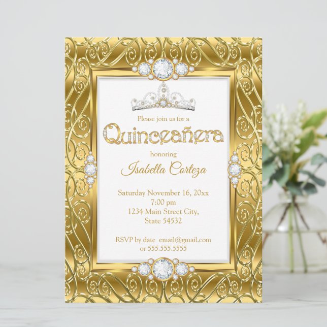Invitación Quinceanera Diamond Gem Gold Birday Party (Anverso de pie)