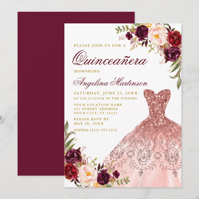 Invitación Quinceanera Dorado Borgoña Floral Vestido Purpurin (Anverso / Reverso)