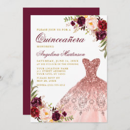 Invitación Quinceanera Dorado Borgoña Floral Vestido Purpurin