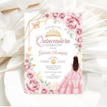 Invitación Quinceanera Dorado Rosa Vestido Floral<br><div class="desc">Invitación a la celebración de Quinceanera rosa, dorada y blanca. Cuenta con chica de morena en vestido de payaso de bola, fuente de guión, mariposas doradas, rosas de acuarela y tiara. Perfecto para una elegante celebración de glam al estilo de la princesa. Personaliza con tus propios detalles. Invitaciones Zazzle impresas...</div>