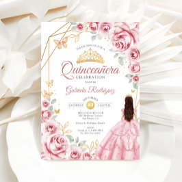 Invitación Quinceanera Dorado Rosa Vestido Floral