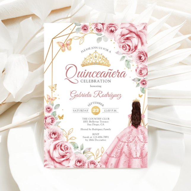 Invitación Quinceanera Dorado Rosa Vestido Floral (Subido por el creador)