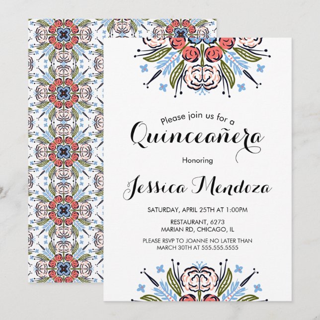 Invitación Quinceañera dulce de la mano de la pintura floral  (Anverso / Reverso)