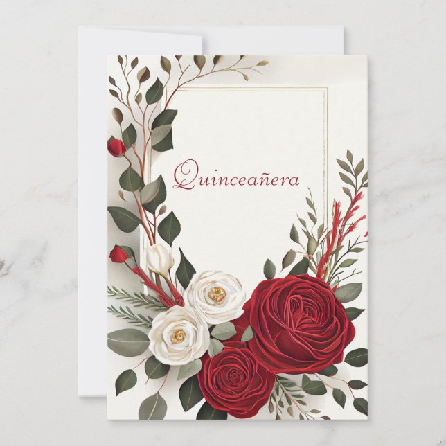 Invitación Quinceanera, dulce dieciséis rosas rojas (Anverso)