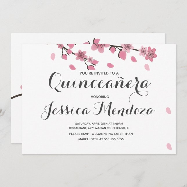 Invitación Quinceañera Dulces 15 Cerezo Floral (Anverso / Reverso)
