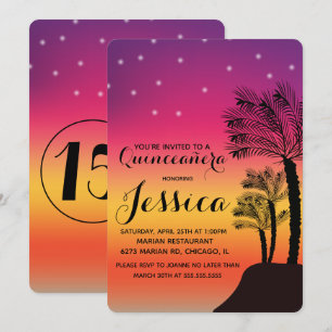 Invitación Quinceañera Dulces 15 Palma de puesta de sol tropi