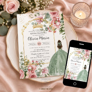 Invitación Quinceañera Dulces 16 Rosa Floral Verde Salvia