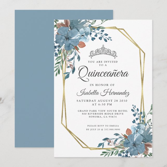 Invitación Quinceanera Dusty Blue Floral Gold Frame (Anverso / Reverso)