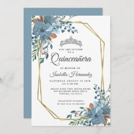 Invitación Quinceanera Dusty Blue Floral Gold Frame