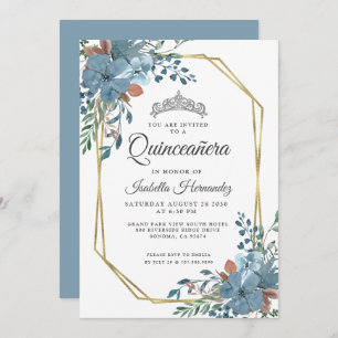 Invitación Quinceanera Dusty Blue Floral Gold Frame