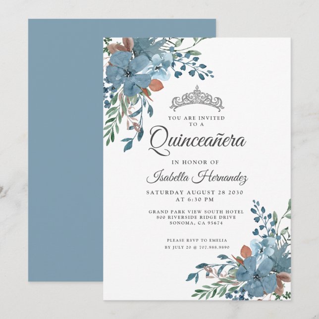 Invitación Quinceanera Dusty Blue Floral Greeneration (Anverso / Reverso)