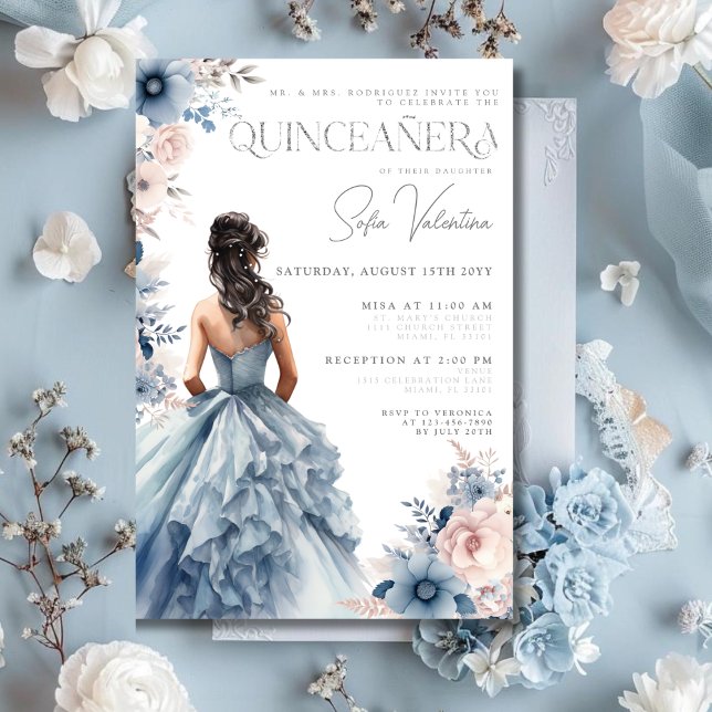 Invitación Quinceañera Dusty Blue Gown Pink Floral Brunette (Quinceañera Dusty Blue Gown Pink Floral Brunette Invitation)