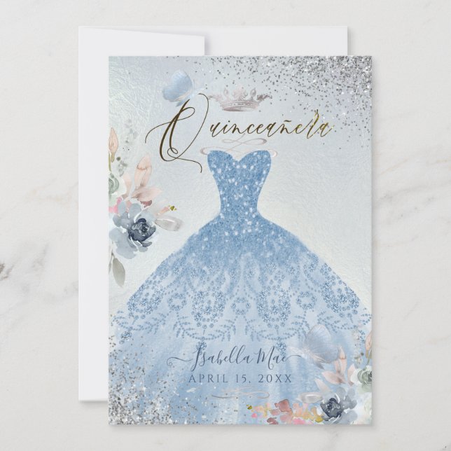 Invitación Quinceanera Dusty Blue Purpurina Gown Butterflies (Anverso)
