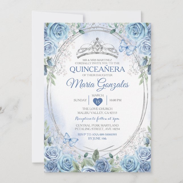 Invitación Quinceañera Dusty Blue & Silver Crown Butfly (Anverso)