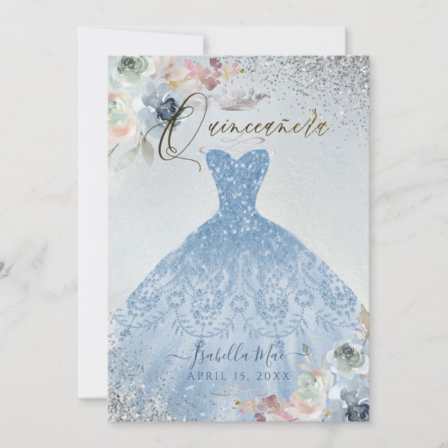Invitación Quinceanera Dusty Blue Silver Purpurina Rosas de t (Anverso)