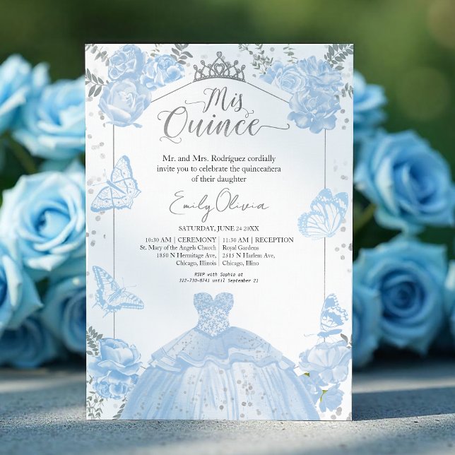 Invitación Quinceanera Dusty Blue Vress Mariposa (Subido por el creador)