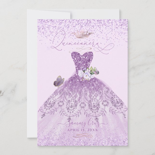 Invitación Quinceanera Dusty Lilac Purpurina de Plata Púrpura (Anverso)