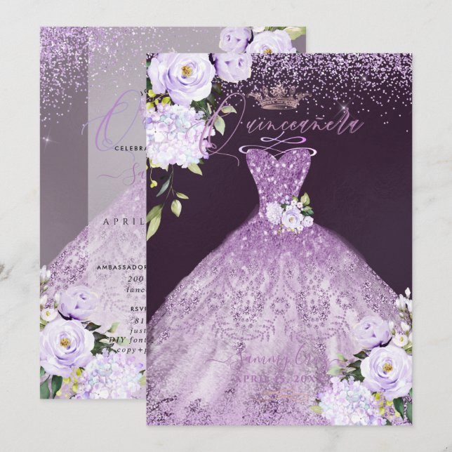 Invitación Quinceanera Dusty Lilac Purpurina de Plata Púrpura (Anverso / Reverso)