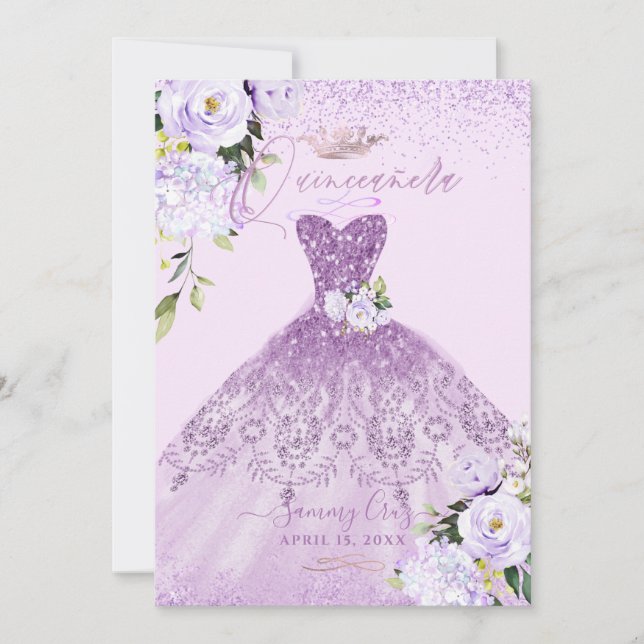 Invitación Quinceanera Dusty Lilac Purpurina de Plata Púrpura (Anverso)