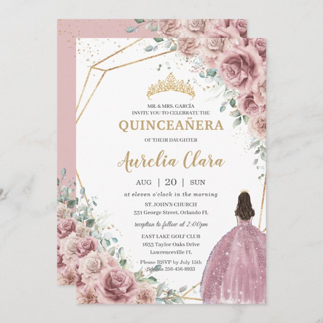 Invitación Quinceañera Dusty Rosa Floral Princesa Gown Gold (Anverso / Reverso)