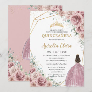Invitación Quinceañera Dusty Rosa Floral Princesa Gown Gold