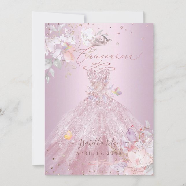 Invitación Quinceanera Dusty Rosa Purpurina Gown Sweet Peas (Anverso)