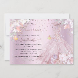 Invitación Quinceanera Dusty Rosa Purpurina Gown Sweet Peas