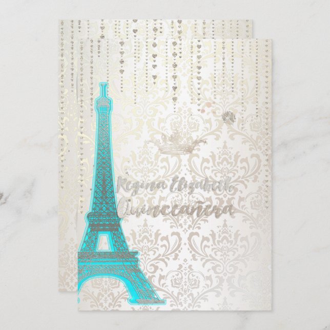 Invitación Quinceanera/Eiffel Azul/Princesa/Corona (Anverso / Reverso)