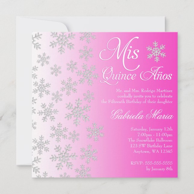 Invitación Quinceanera, el invierno de copo de nieve rosa bri (Anverso)