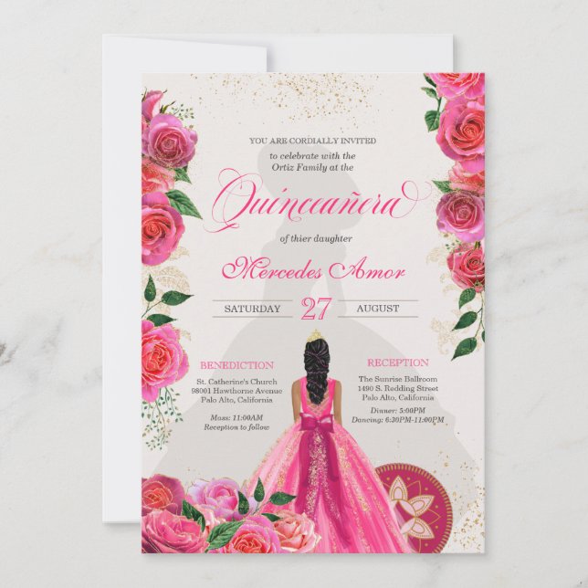 Invitación Quinceanera, el país de los Rosas de oro rosado de (Anverso)