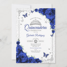 Invitación  Quinceanera Elegant Chic Royal Blue Roses Silver