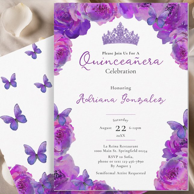 Invitación Quinceanera Elegant Purple Floral Tiara XV 15 (Subido por el creador)