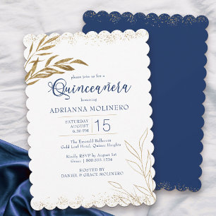 Invitación Quinceañera Elegante Azul Real y Hoja Dorada