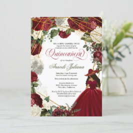 Invitación Quinceanera elegante charro burgundy blanco floral