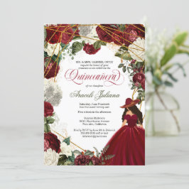 Invitación Quinceanera elegante charro burgundy blanco floral