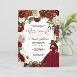 Invitación Quinceanera elegante charro burgundy blanco floral
