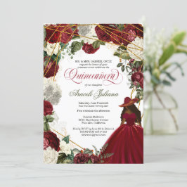 Invitación Quinceanera elegante charro burgundy blanco floral