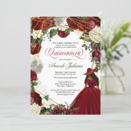 Invitación Quinceanera elegante charro burgundy blanco floral