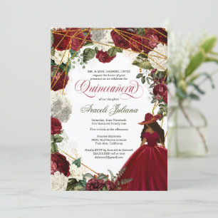 Invitación Quinceanera elegante charro burgundy blanco floral