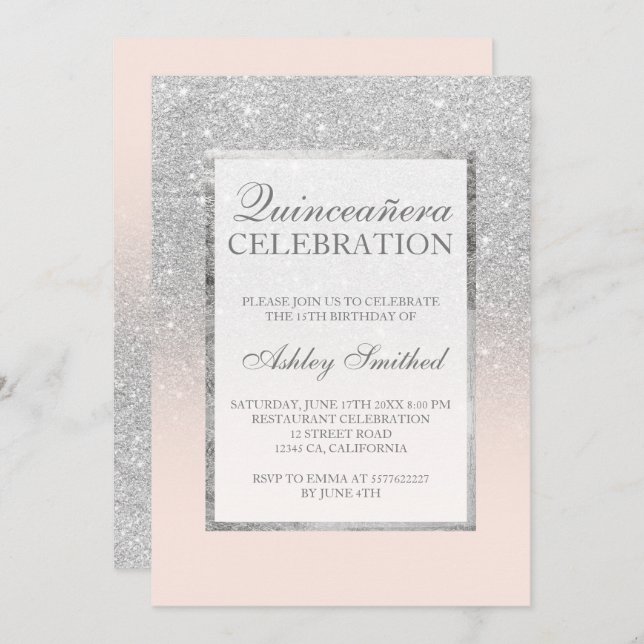 Invitación Quinceañera elegante chic rosa brillo plateado (Anverso / Reverso)